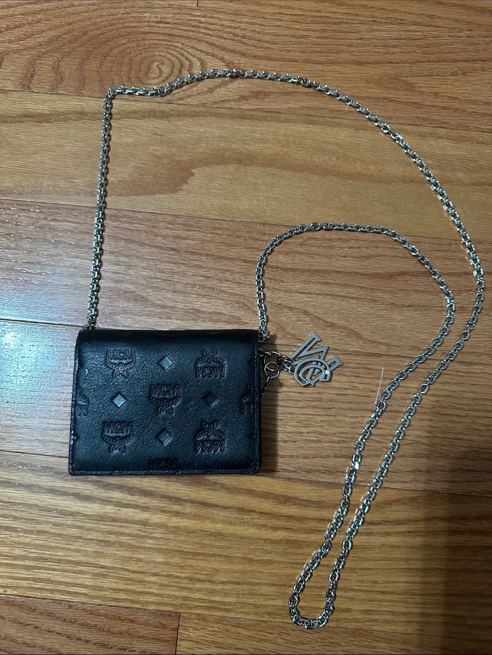 MCM Black Leather Cardholder Crossbody with Silver Logo Charm